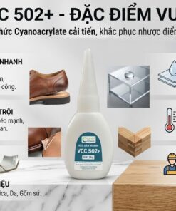 Hình ảnh infographic mô tả chi tiết các đặc điểm vượt trội của keo dán nhanh VCC 502+ (25g), bao gồm khả năng kết dính cực nhanh chỉ 3-5 giây, tạo mối dán trong suốt không bị ố trắng cho mica, độ bền liên kết cao chịu lực mạnh, chịu nhiệt tốt, dán đa vật liệu trên gỗ, mica, da, gốm sứ, và tính năng ít mùi, an toàn cho người dùng. Logo VCC 'Happy Cooperation' nằm ở góc trên bên phải.