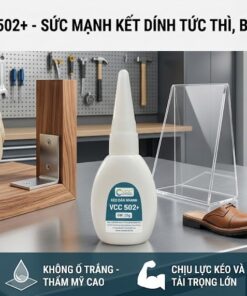 Một Biểu Ngữ Quảng Cáo Ngang Chuyên Nghiệp Cho Keo Dán Nhanh Vcc 502+ Trong Bối Cảnh Xưởng Sản Xuất Và Công Trình Thực Tế Hình ảnh Hiển Thị Rõ Ràng Một Kỹ Thuật Viên đang Thi Công Dán Giá đỡ Kim Loại Vào Gỗ Các ứng Dụng Mẫu Khác Bao Gồm Việc Dán Mica Trong Suốt để Tạo Ra Các Mối Nối Hoàn Hảo Không ố Trắng Sửa Chữa Giày Da Với độ Bền Lâu Dài Và Phục Hồi đồ Gốm Bị Vỡ Một Cách Liền Mạch Logo Vcc happy Cooperation Nằm ở Góc Trên Bên Phải Dưới Cùng Của Hình ảnh Là Các Biểu Tượng Và Văn Bản Tóm Tắt Bốn Tính Năng Cốt Lõi Kết Dính Siêu Tốc Chỉ Trong 3 đến 5 Giây Khả Năng Chống ố Trắng Cho Tính Thẩm Mỹ Cao đặc Biệt Quan Trọng Với Mica Khả Năng Chịu Lực Kéo Và Tải Trọng Cực Lớn Và Khả Năng Dán đa Năng Trên Mọi Vật Liệu Bao Gồm Gỗ Mica Da Gốm Và Kim Loại  Vcc Sealant   Sản Xuất Phân Phối Keo Silicone Và Chất Kết Dính Chuyên Nghiệp