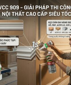 Thợ thi công đang dán nẹp phào chỉ gỗ 45 độ bằng keo dán đa năng VCC 909 đậm đặc và xịt gia tốc. Ảnh hiển thị mẫu các vật liệu tương thích: gỗ, acrylic, kim loại, nhựa.