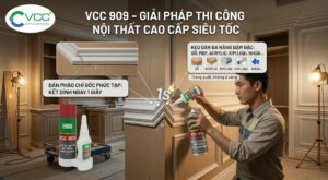 Thợ thi công đang dán nẹp phào chỉ gỗ 45 độ bằng keo dán đa năng VCC 909 đậm đặc và xịt gia tốc. Ảnh hiển thị mẫu các vật liệu tương thích: gỗ, acrylic, kim loại, nhựa.