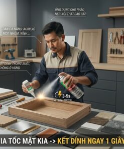 Thợ mộc đang sử dụng keo dán đa năng VCC 909 và chai xịt gia tốc để ghép khung gỗ nội thất chuyên nghiệp, kết dính ngay lập tức trong 1 giây.