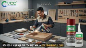 Thợ mộc đang sử dụng keo dán đa năng VCC 909 và chai xịt gia tốc để ghép khung gỗ nội thất chuyên nghiệp, kết dính ngay lập tức trong 1 giây.