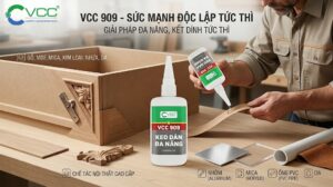 Thợ thủ công đang sử dụng keo dán đa năng VCC 909 để dán chi tiết gỗ và mica trong chế tác nội thất cao cấp, kết dính mạnh mẽ và thẩm mỹ.