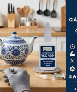 Ứng dụng keo dán nhanh VCC 401+ siêu dính để sửa chữa ấm trà gốm sứ và mô hình kim loại, mối dán thẩm mỹ không để lại vết ố trắng.
