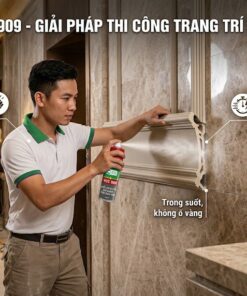 Một người thợ trang trí nội thất VCC đang dùng keo dán lỏng và xịt gia tốc VCC 909 để dán phào chỉ lên tường đá marble. Bối cảnh công trường đang hoạt động. Logo VCC ở góc trên bên trái. Văn bản hiển thị các tính năng: Khô tức thì 3-5S, liên kết siêu mạnh, dán đa năng gỗ, MDF, acrylic, kim loại.