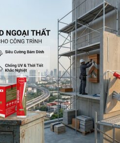 Nhân viên thi công dùng súng bắn keo dán xây dựng Japseal V-Bond Ngoại Thất vỏ đỏ dán tấm ốp đá facade lên tường ngoài trời. Hình ảnh hiển thị thùng sản phẩm, logo VCC, và các biểu tượng tính năng như chịu nhiệt -20°C đến 110°C, chống UV, bám dính siêu cường.