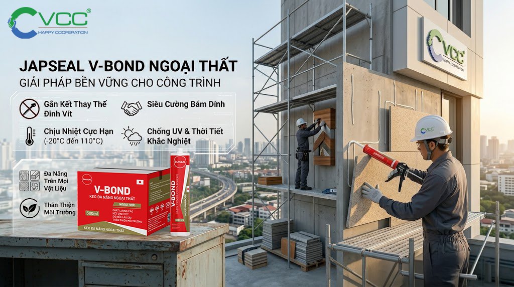 Giải Pháp Thay Thế Đinh Vít bằng Keo Japseal V-Bond Ngoại thất » VCC Sealant - Sản xuất, phân phối keo silicone và chất kết dính chuyên nghiệp Nhân Viên Thi Công Dùng Súng Bắn Keo Dán Xây Dựng Japseal V bond Ngoại Thất Vỏ đỏ Dán Tấm ốp đá Facade Lên Tường Ngoài Trời Hình ảnh Hiển Thị Thùng Sản Phẩm Logo Vcc Và Các Biểu Tượng Tính Năng Như Chịu Nhiệt 20°c đến 110°c Chống Uv Bám Dính Siêu Cường Vcc Sealant Sản Xuất Phân Phối Keo Silicone Và Chất Kết Dính Chuyên Nghiệp