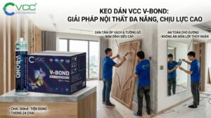 Ảnh tại công trình đang thi công, thể hiện các công nhân đang sử dụng Keo dán nội thất đa năng VCC V-Bond để gắn tấm ốp tường gỗ và gương kính lớn. Chai keo VCC V-Bond 300ml nổi bật ở phía trước với các dòng văn bản quảng cáo về tính năng bám dính siêu cấp và an toàn cho gương.