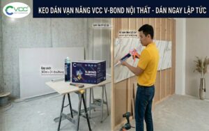Người thợ đang sử dụng súng bắn keo VCC V-Bond nội thất để thi công dán tấm ốp vân đá lên khung gỗ tại công trình. Ảnh mô tả sản phẩm chai keo 300ml, thùng 24 chai và logo VCC Happy Cooperation với các đặc tính bám dính cực cao và dán nhanh lập tức.