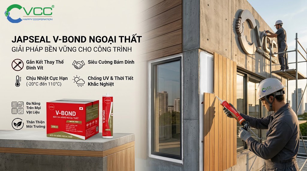 Keo Dán Xây Dựng Japseal V-Bond Ngoại Thất - Giải Pháp Thay Thế Đinh Vít Bền Vững » VCC Sealant - Sản xuất, phân phối keo silicone và chất kết dính chuyên nghiệp Nhân Viên Thi Công Dùng Súng Bắn Keo Dán Xây Dựng Japseal V bond Ngoại Thất Vỏ đỏ Dán Tấm ốp đá Facade Lên Tường Ngoài Trời Hình ảnh Hiển Thị Thùng Sản Phẩm Logo Vcc Và Các Biểu Tượng Tính Năng Như Chịu Nhiệt 20°c đến 110°c Chống Uv Bám Dính Siêu Cường Vcc Sealant Sản Xuất Phân Phối Keo Silicone Và Chất Kết Dính Chuyên Nghiệp