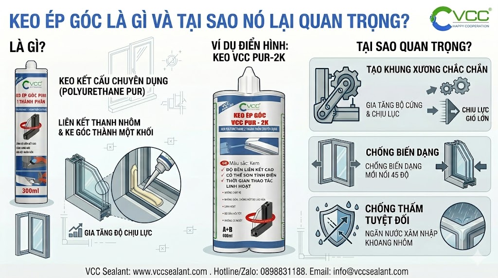 Giải đáp keo ép góc là gì và tầm quan trọng đối với chất lượng cửa nhôm. » VCC Sealant - Sản xuất, phân phối keo silicone và chất kết dính chuyên nghiệp Infographic Giải Thích Keo ép Góc Là Keo Kết Cấu Chuyên Dụng Polyurethane Giúp Gia Tăng độ Chịu Lực Chống Biến Dạng Mối Nối 45 độ Và Chống Thấm 100 Cho Cửa Nhôm Với Vcc Pur 2k Và Vcc Pu88 Vcc Sealant Sản Xuất Phân Phối Keo Silicone Và Chất Kết Dính Chuyên Nghiệp
