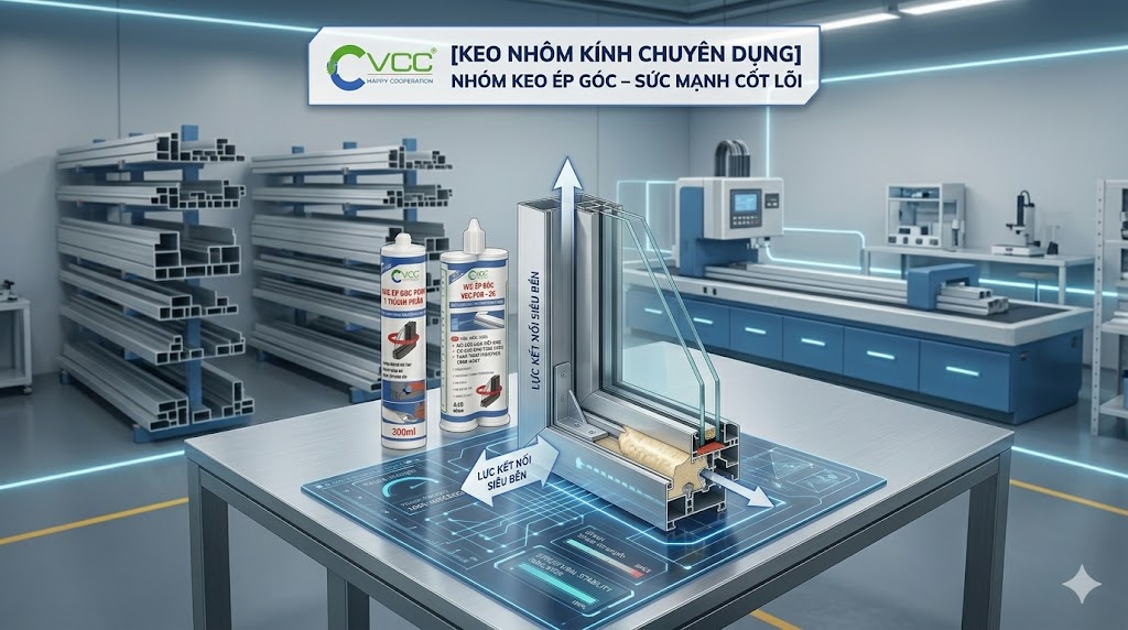 Mặt Cắt Kỹ Thuật Góc Nhôm Sử Dụng Keo Nhôm Kính Chuyên Dụng Vcc Pu88 Và Pur 2k Minh Họa Lực Liên Kết Siêu Bền Và Khả Năng Kín Khít Tuyệt đối Cho Cửa Nhôm Hệ