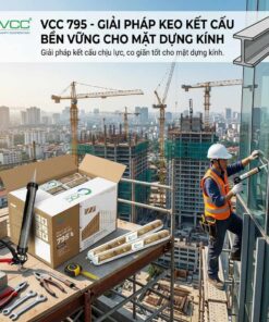 Ảnh thi công thực tế keo kết cấu VCC 795 tại công trình cao tầng, thợ đang sử dụng súng bắn keo túi xúc xích 600ml cho vách kính mặt dựng.