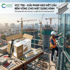 Ảnh thi công thực tế keo kết cấu VCC 795 tại công trình cao tầng, thợ đang sử dụng súng bắn keo túi xúc xích 600ml cho vách kính mặt dựng.