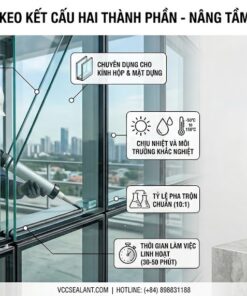 Keo kết cấu 2 thành phần VCC 8800 dạng thùng lớn và xô nhỏ, bên cạnh kỹ thuật viên đang thi công lắp đặt kính hộp.