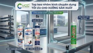 Bộ sản phẩm keo nhôm kính chuyên dụng VCC gồm keo ép góc PU88, keo ép góc hai thành phần PUR 2k và keo trám mặt cắt chống oxi hóa V868 , keo silicone trung tính A500 đặt trong xưởng sản xuất hiện đại.