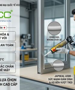 Bức ảnh keo silicone neutral JAPSEAL A500 VCC. Ở bên trái là logo VCC và danh sách tính năng: chống lão hóa, tia UV, không mùi, chịu nhiệt, bám dính mạnh. Ở bên phải, một kỹ thuật viên đang bơm keo lên mẫu góc cửa nhôm kính hoàn hảo. Thùng A500 và chai keo hiển thị rõ ràng.