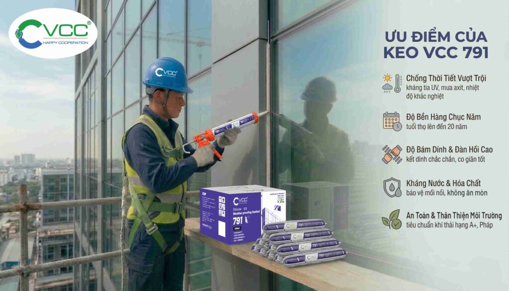 Một Công Nhân Xây Dựng đeo Mũ Bảo Hộ Màu Xanh Và Dây an Toàn đang Sử Dụng Súng Bắn Keo Thi Công Vách Kính Tòa Nhà Cao Tầng Với Sản Phẩm Keo Silicone Vcc 791 Hình ảnh Cho Thấy Hộp Các tông Và Các Tuýp Keo Vcc 791 Silicone Weatherproofing Cùng Với Văn Bản Quảng Cáo Nêu Rõ 5 ưu điểm Chống Thời Tiết Vượt Trội độ Bền 20 Năm độ Bám Dính Cao Kháng Nước Và an Toàn Môi Trường