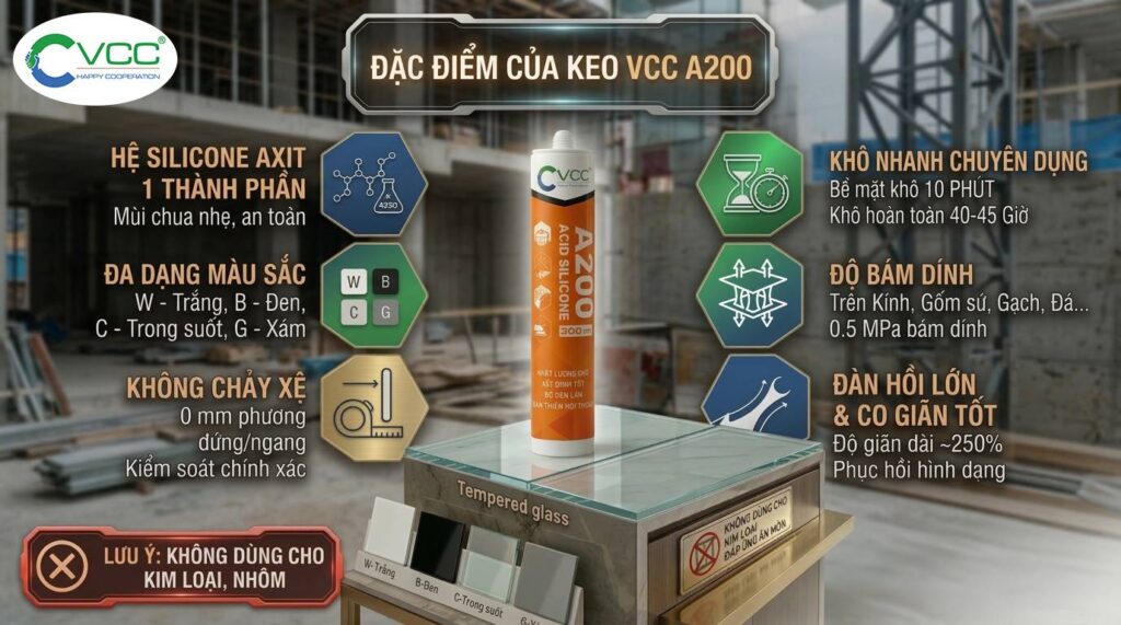 Infographic Chi Tiết Về Các đặc điểm Kỹ Thuật Chuyên Dụng Của Keo Silicone Axit Vcc A200 Hiển Thị Chai Keo Vcc A200 Làm Trung Tâm Bao Quanh Bởi 6 Panel Hex Có Icon Và Text Tiếng Việt Rõ Ràng Hệ Silicone Axit 1 Thành Phần Mùi Chua Nhẹ đa Dạng 4 Màu w B C G Khô Nhanh Màng 10 Phút Khô Hoàn Toàn 40 45 Giờ độ Bám Dính Cao 05 Mpa Trên Kính Gốm Sứ Gạch đá Không Chảy Xệ 0 Mm đàn Hồi Lớn Giãn Dài 250 Ở đáy Là Cảnh Báo Quan Trọng Không Dùng Cho Kim Loại Nhôm Bối Cảnh Công Trình Mờ Với Kính Và Gạch Men