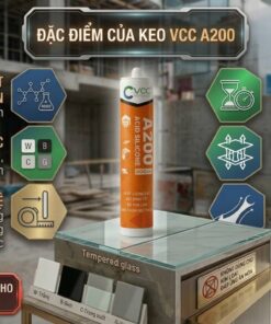 Infographic chi tiết về các đặc điểm kỹ thuật chuyên dụng của Keo Silicone Axit VCC A200. Hiển thị chai keo VCC A200 làm trung tâm, bao quanh bởi 6 panel hex có icon và text tiếng Việt rõ ràng: hệ silicone axit 1 thành phần, mùi chua nhẹ; đa dạng 4 màu (W, B, C, G); khô nhanh màng 10 phút, khô hoàn toàn 40-45 giờ; độ bám dính cao 0.5 MPa trên kính gốm sứ gạch đá; không chảy xệ 0 mm; đàn hồi lớn giãn dài 250%. Ở đáy là cảnh báo quan trọng không dùng cho kim loại, nhôm. Bối cảnh công trình mờ với kính và gạch men.