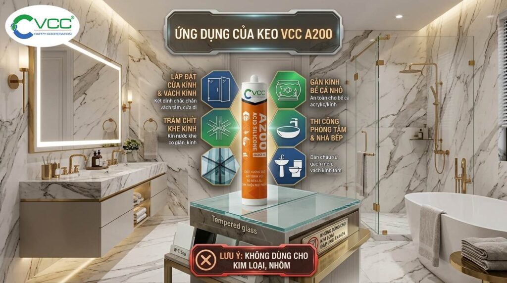 Infographic Chi Tiết Về Các ứng Dụng Thực Tế Và Chuyên Dụng Của Keo Silicone Axit Vcc A200 Hiển Thị Chai Keo Vcc A200 Làm Trung Tâm Bao Quanh Bởi 4 Panel Hex Có Icon Và Text Tiếng Việt Rõ Ràng Lắp đặt Cửa Kính Và Vách Kính Tắm Frameless Trám Chít Khe Kính Co Giãn Facade Gắn Kính Bể Cá Nhỏ acrylickính Thi Công Phòng Tắm Và Nhà Bếp dán Bồn Rửa Sứ Gạch Men Ở đáy Là Cảnh Báo Quan Trọng Không Dùng Cho Kim Loại Nhôm Nền Là Bối Cảnh Công Trình Mờ