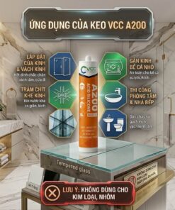 Infographic chi tiết về các ứng dụng thực tế và chuyên dụng của Keo Silicone Axit VCC A200. Hiển thị chai keo VCC A200 làm trung tâm, bao quanh bởi 4 panel hex có icon và text tiếng Việt rõ ràng: lắp đặt cửa kính và vách kính tắm frameless, trám chít khe kính co giãn facade, gắn kính bể cá nhỏ (acrylic/kính), thi công phòng tắm và nhà bếp (dán bồn rửa sứ, gạch men). Ở đáy là cảnh báo quan trọng không dùng cho kim loại, nhôm. Nền là bối cảnh công trình mờ.