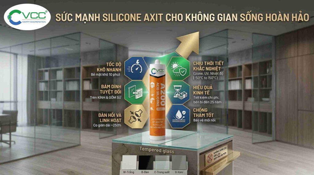 Infographic Chi Tiết Về Các ưu điểm Vượt Trội Của Keo Silicone Axit Vcc A200 Hiển Thị Chai Keo Vcc A200 Làm Trung Tâm Bao Quanh Bởi 6 Panel Hex Có Icon Và Text Tiếng Việt Rõ Ràng Khô Nhanh Màng 10 Phút Bám Dính Cực Tốt Kính Gốm Sứ đàn Hồi ~250 Bền Vĩnh Viễn Chịu Thời Tiết Khắc Nghiệt  50°c to 150°c Tiết Kiệm Chi Phí đến 25 Năm Chống Thấm Nước Tốt Nền Là Bối Cảnh Công Trình Xây Dựng Mờ