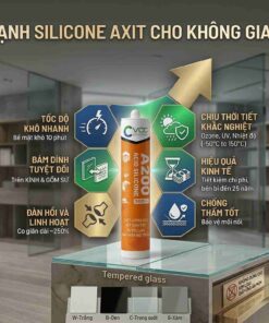Infographic chi tiết về các ưu điểm vượt trội của Keo Silicone Axit VCC A200. Hiển thị chai keo VCC A200 làm trung tâm, bao quanh bởi 6 panel hex có icon và text tiếng Việt rõ ràng: khô nhanh màng 10 phút, bám dính cực tốt kính gốm sứ, đàn hồi ~250% bền vĩnh viễn, chịu thời tiết khắc nghiệt (-50°C to 150°C), tiết kiệm chi phí đến 25 năm, chống thấm nước tốt. Nền là bối cảnh công trình xây dựng mờ.