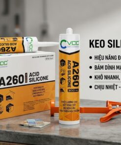 Ảnh Chụp Sản Phẩm Keo Silicone Axit Vcc A260 Gồm Chai Keo Thùng đóng Gói Và Súng Bắn Keo Trên Nền Workshop Mờ  Vcc Sealant   Sản Xuất Phân Phối Keo Silicone Và Chất Kết Dính Chuyên Nghiệp