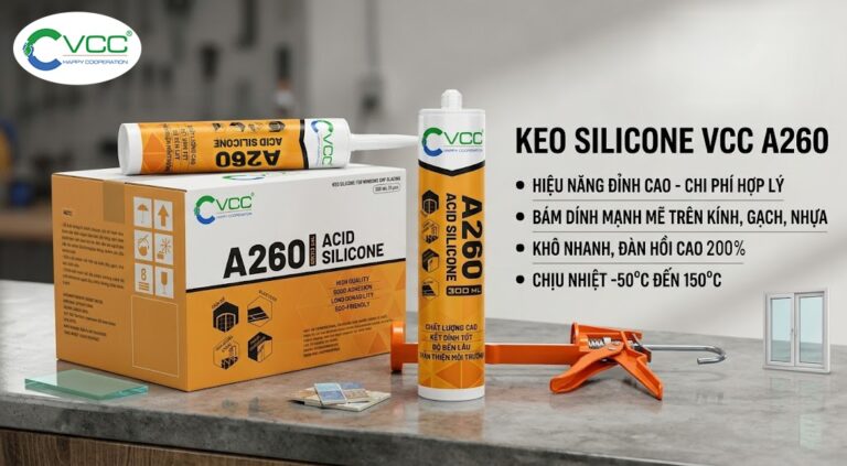 Ảnh Chụp Sản Phẩm Keo Silicone Axit Vcc A260 Gồm Chai Keo Thùng đóng Gói Và Súng Bắn Keo Trên Nền Workshop Mờ  Vcc Sealant   Sản Xuất Phân Phối Keo Silicone Và Chất Kết Dính Chuyên Nghiệp