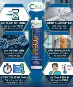 Một infographic hiện đại về Keo Silicone VCC A500 PLUS, giải thích 6 lý do tại sao nó là lựa chọn tối ưu: tốc độ khô nhanh màng sau 5 phút, tối ưu tiến độ thi công, đàn hồi vĩnh viễn, chống thấm tuyệt đối 100%, bám dính hoàn hảo đa vật liệu nhôm kính, an toàn và bền bỉ ít mùi chịu thời tiết.