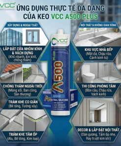 Infographic chi tiết về các ứng dụng thực tế đa dạng của Keo Silicone Trung Tính VCC A500 PLUS, được chia làm hai nhóm chính: Xây dựng & Ngoại thất (Lắp đặt cửa nhôm kính, Chống thấm máng xối, Sân thượng, Trám khe co giãn bê tông) và Nội thất & Không gian sống (Nhà bếp, Phòng tắm, Dán gương, Tấm ốp nhẹ). Hình ảnh có text tiếng Việt rõ ràng, bình keo và thùng carton VCC A500 PLUS ở trung tâm.