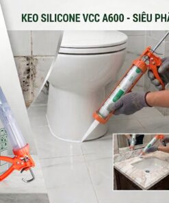 Hình ảnh keo Silicone trung tính VCC A600 chống nấm mốc đạt chuẩn Grade 0, bao gồm thùng sản phẩm, túi keo và súng bắn keo chuyên dụng trong thi công nhà tắm.