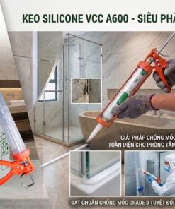 Ảnh keo Silicone trung tính VCC A600 chống nấm mốc tuyệt đối, thi công thực tế tại phòng tắm bằng súng bắn keo xúc xích chuyên dụng, đạt chứng nhận kháng khuẩn 100% và chuẩn phát thải A+.