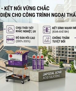 Thợ thi công sử dụng keo silicone axit Japseal A260 trám mái kính và lan can kính ngoài trời, chịu tia UV và thời tiết khắc nghiệt.
