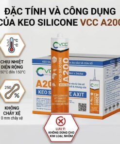 Infographic chi tiết giới thiệu Keo Silicone Axit VCC A200 với các đặc tính nổi bật: tốc độ khô nhanh màng 10 phút, bám dính cực tốt trên kính và gốm sứ, chịu nhiệt đến 150 độ C, chống thấm tuyệt đối và đàn hồi vĩnh viễn. Các ứng dụng thực tế bao gồm lắp đặt cửa kính, trám khe kính, gắn kính bể cá nhỏ, và trám trét phòng tắm, nhà bếp. Hình ảnh hiển thị chai keo VCC A200 màu cam và thùng keo VCC, cùng cảnh báo quan trọng không dùng cho kim loại, nhôm.