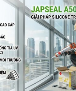 Hình ảnh người thợ đang quỳ và bắn keo silicone trung tính Japseal A500 dạng túi xúc xích (300ml) lên vách kính công trình xây dựng. Nổi bật là logo VCC và danh sách 5 tính năng chính: trung tính cao cấp, bám dính xuất sắc, chịu nhiệt -50°C đến +150°C, thân thiện môi trường, tiết kiệm rác thải. Thùng Japseal và các thỏi keo nằm ở góc dưới.