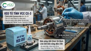 Nhân viên kỹ thuật đang sử dụng keo từ tính VCC CX-3 để dán nam châm vĩnh cửu vào rotor motor điện trong nhà xưởng công nghiệp.