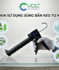 Infographic liệt kê 5 lợi ích của súng bắn keo tự ngắt VCC: Tiết kiệm 20% lượng keo, tăng hiệu suất thi công, đường keo sắc nét, giảm thời gian vệ sinh và kiểm soát lượng keo chính xác.