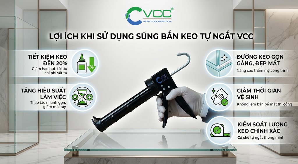5 Lợi ích vượt trội khi sử dụng Súng bắn keo tự ngắt VCC chuyên nghiệp. » VCC Sealant - Sản xuất, phân phối keo silicone và chất kết dính chuyên nghiệp Infographic Liệt Kê 5 Lợi ích Của Súng Bắn Keo Tự Ngắt Vcc Tiết Kiệm 20 Lượng Keo Tăng Hiệu Suất Thi Công đường Keo Sắc Nét Giảm Thời Gian Vệ Sinh Và Kiểm Soát Lượng Keo Chính Xác