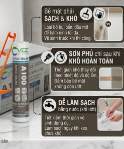 Một infographic studio chuyên nghiệp hiển thị các lưu ý khi sử dụng Keo Acrylic VCC A100. Góc trên bên trái là logo VCC. Ở trung tâm là chai keo A100 đứng cạnh súng bắn keo cam trên nền đá cẩm thạch. Sáu bảng minh họa chi tiết với văn bản tiếng Việt và icon rõ ràng: Bề mặt sạch khô, Nhiệt độ thi công, Sơn phủ sau khi khô, Vệ sinh khi ướt, Bảo quản, và Kiểm tra tương thích. Hình ảnh thể hiện hành động kiểm tra bề mặt, đo nhiệt độ, và vệ sinh dụng cụ.