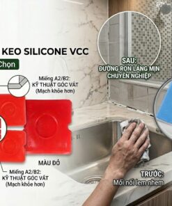 Bộ Miếng Nhựa Miết Keo Silicone VCC gồm 4 chiếc (màu đỏ, xanh lam) với 2 màu lựa chọn. Bên trái hiển thị 4 miếng đồ họa chi tiết với nhãn kỹ thuật góc bo tròn (A1/B1) và vát (A2/B2), sơ đồ minh họa, và kính lúp hiển thị đường ron láng mịn chuyên nghiệp. Bên phải là ảnh thực tế một bàn tay đang miết keo dọc theo bàn bếp đá cẩm thạch, cho thấy vết keo thừa sạch sẽ. Phía dưới cùng là thông tin lợi ích và chân trang với logo VCC.