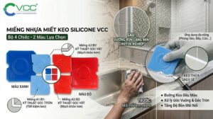 Bộ Miếng Nhựa Miết Keo Silicone VCC gồm 4 chiếc (màu đỏ, xanh lam) với 2 màu lựa chọn. Bên trái hiển thị 4 miếng đồ họa chi tiết với nhãn kỹ thuật góc bo tròn (A1/B1) và vát (A2/B2), sơ đồ minh họa, và kính lúp hiển thị đường ron láng mịn chuyên nghiệp. Bên phải là ảnh thực tế một bàn tay đang miết keo dọc theo bàn bếp đá cẩm thạch, cho thấy vết keo thừa sạch sẽ. Phía dưới cùng là thông tin lợi ích và chân trang với logo VCC.