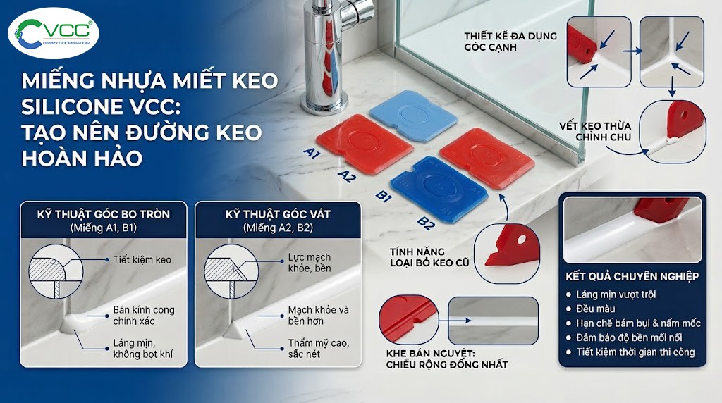 Bộ Miếng Nhựa Miết Keo Silicone VCC - 4 Chiếc Đa Năng » VCC Sealant - Sản xuất, phân phối keo silicone và chất kết dính chuyên nghiệp Miếng Nhựa Miết Keo Silicone Vcc Phong Cách Studio Với Bộ 4 Miếng A1 A2 B1 B2 Màu đỏ Xanh Mô Tả Kỹ Thuật Góc Bo Tròn Và Góc Vát Trên Bối Cảnh Bàn đá Phòng Tắm Hiện đại