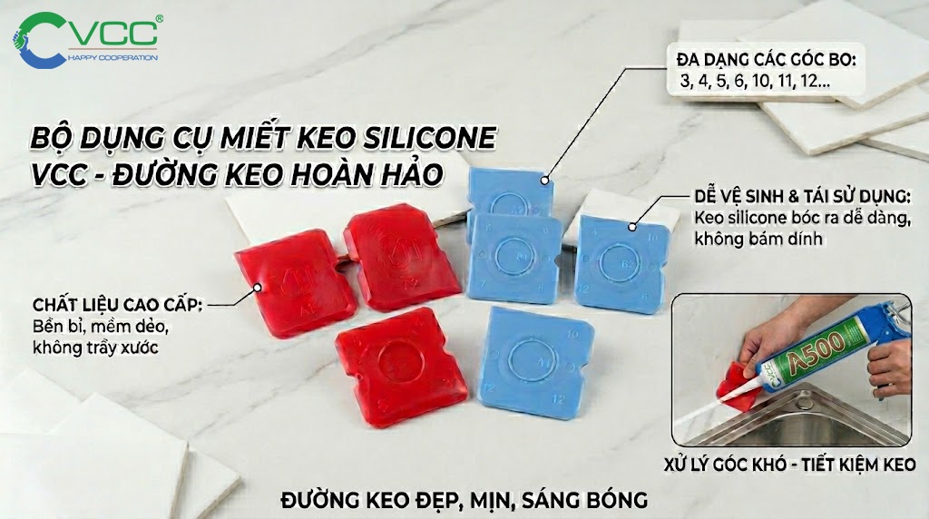 Bộ dụng cụ miết keo Silicone VCC và Keo VCC A500 - Giải pháp cho đường keo hoàn hảo. » VCC Sealant - Sản xuất, phân phối keo silicone và chất kết dính chuyên nghiệp Bộ Miếng Nhựa Miết Keo Silicone Vcc Màu đỏ Và Xanh Chuyên Dụng đa Dạng Góc Bo Kết Hợp Cùng Keo Silicone Vcc A500 để Tạo đường Keo Mịn đẹp Và Sáng Bóng Khi Thi Công Bồn Rửa