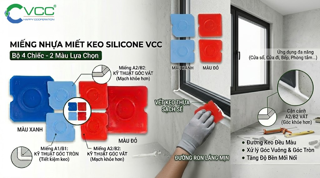 Dụng cụ miết keo Silicone VCC - Giải pháp tạo đường ron cửa sổ chuyên nghiệp » VCC Sealant - Sản xuất, phân phối keo silicone và chất kết dính chuyên nghiệp Bộ 4 Miếng Nhựa Miết Keo Silicone Vcc Màu đỏ Và Xanh Dùng Trong Thi Công Cửa Sổ Hình ảnh Thợ đeo Găng Tay Vcc đang Miết đường Ron Silicone Khung Cửa Láng Mịn Sạch Keo Thừa Bằng Kỹ Thuật Góc Vát A2b2 Vcc Sealant Sản Xuất Phân Phối Keo Silicone Và Chất Kết Dính Chuyên Nghiệp
