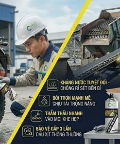 Kỹ thuật viên sử dụng mỡ bôi trơn dạng xịt LV-3 để bảo dưỡng sên xe máy và hệ thống băng tải công nghiệp, giúp chống rỉ sét và chịu tải nặng.