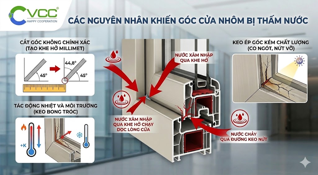 Sơ đồ Minh Họa 3 Nguyên Nhân Chính Khiến Góc Cửa Nhôm Bị Thấm Nước Cắt Góc Không Chính Xác Keo ép Góc Kém Chất Lượng Và Tác động Nhiệt Môi Trường