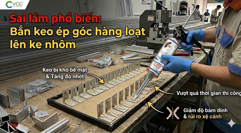 Rủi ro khi bắn keo ép góc 2 thành phần hàng loạt lên ke nhôm. » VCC Sealant - Sản xuất, phân phối keo silicone và chất kết dính chuyên nghiệp Thợ Nhôm Kính Bắn Keo ép Góc Vcc Pur 2k Hàng Loạt Lên Nhiều Con Ke Nhôm Gây Hiện Tượng Keo Bị Khô Bề Mặt Và Rủi Ro Xệ Cánh Cửa Vcc Sealant Sản Xuất Phân Phối Keo Silicone Và Chất Kết Dính Chuyên Nghiệp