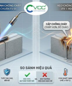 Infographic so sánh keo silicone trung tính chống cháy lan VCC V101 (đạt chuẩn FV-0, chịu nhiệt 150 độ C, đàn hồi 85%) với các loại keo chống cháy thường cấp thấp hơn (dễ cháy, dễ chảy, nhanh lão hóa).